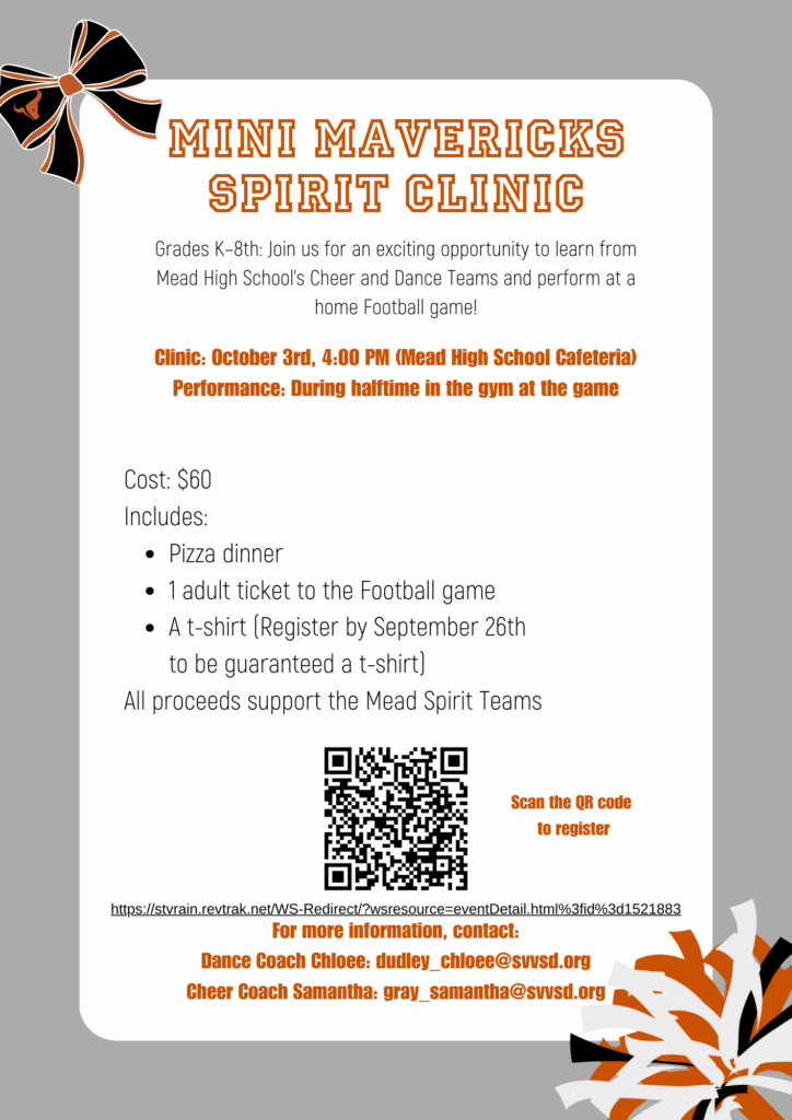 Flyer for Mini Mavericks Spirit Clinic for grades K-8, includes details on date, cost, and registration information.