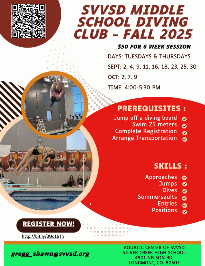 Image promoting SVVSD Middle School Diving Club for Fall 2025, including registration details and prerequisites.