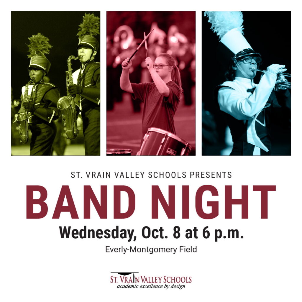 Image shows a promotional flyer for Band Night featuring students performing music. Event details included.