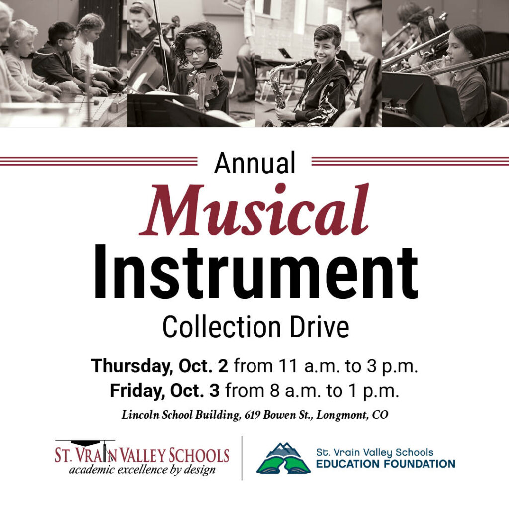 Annual Musical Instrument Collection Drive on Oct. 2 and 3 at Lincoln School, Longmont, CO. Times included.
