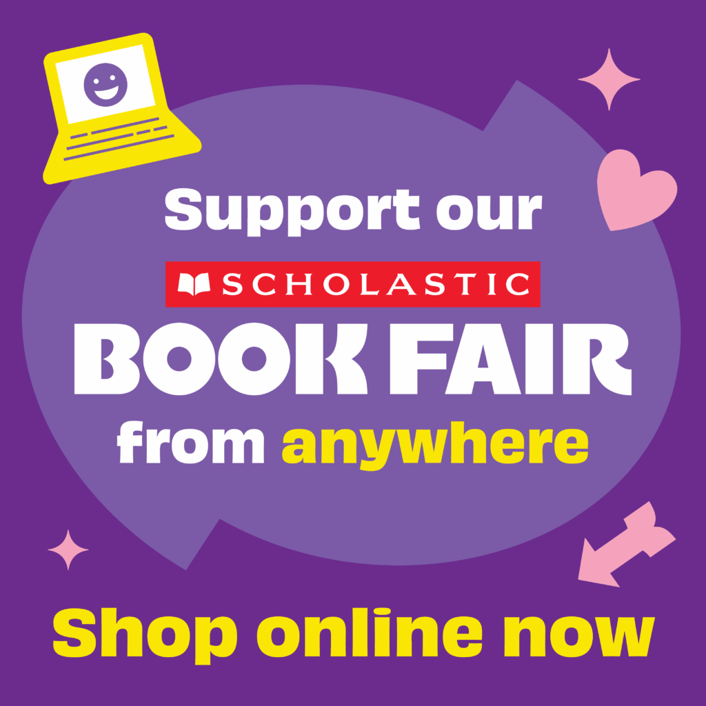 Graphic promoting the Scholastic Book Fair, encouraging online shopping from anywhere. Bright colors and playful design.