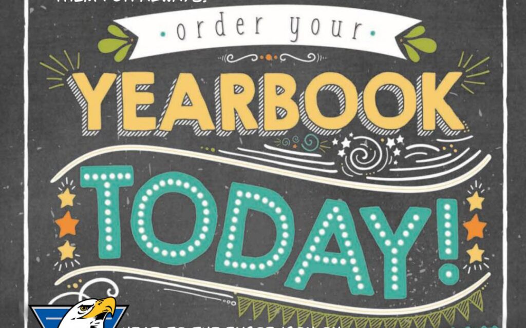 Text promotes ordering a yearbook today, featuring colorful designs and decorative elements on a chalkboard background.