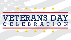 Graphic featuring the text "Veterans Day Celebration" with a background of waves and stars, symbolizing patriotism.