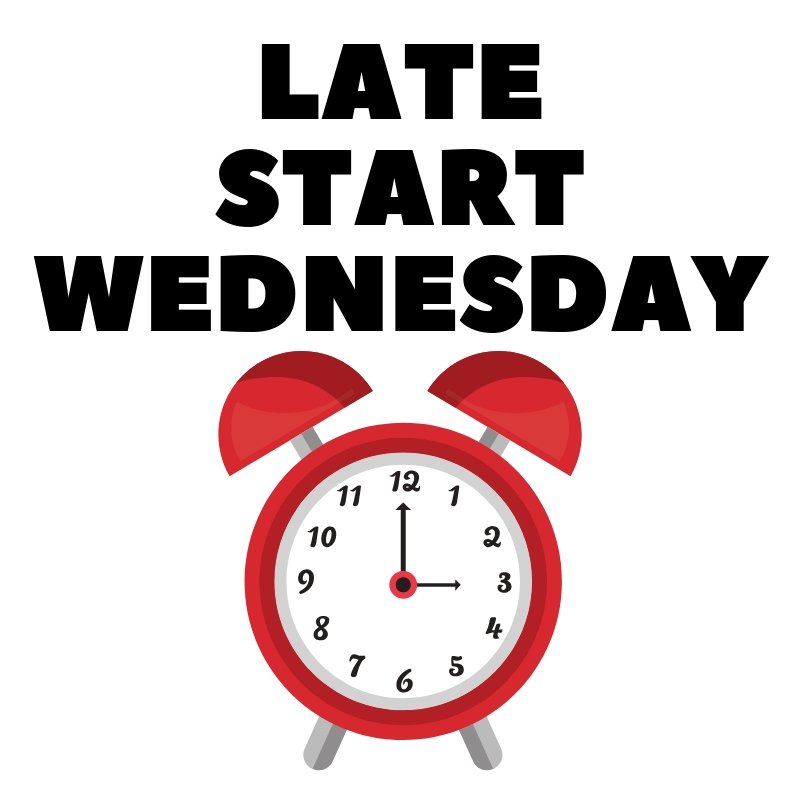 Graphic with the text "Late Start Wednesday" above a red alarm clock showing 12:00.