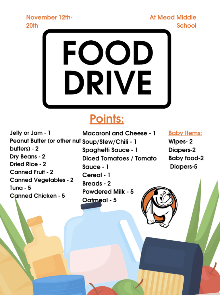 Food drive poster for Mead Middle School, listing items and points for donations from November 12-20.