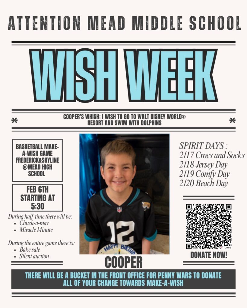 A young boy in a sports jersey smiles, promoting Wish Week at Mead Middle School for a Make-A-Wish event.