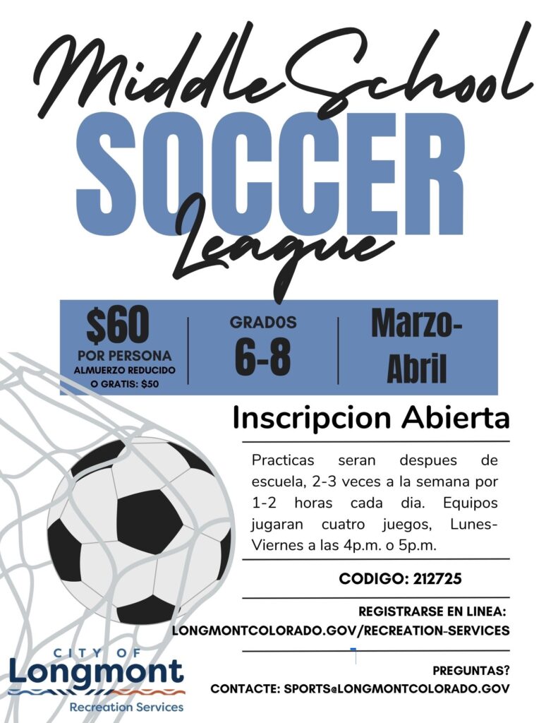 Middle School Soccer League registration info for grades 6-8, practices, and contact details for Longmont Recreation Services.